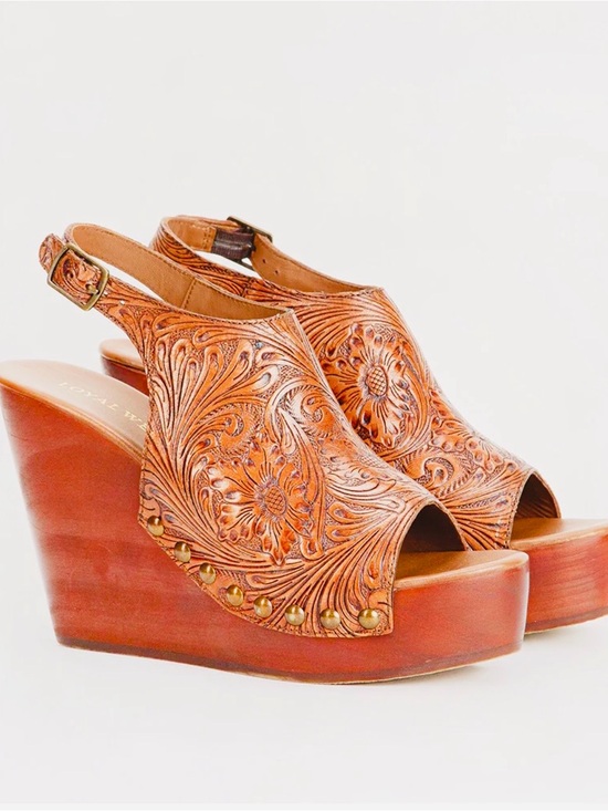 Myra Bag Shoes - Myra Bag - Loyal West Line Amelia Hand Tooled Leather Wedge Sandals - Tan